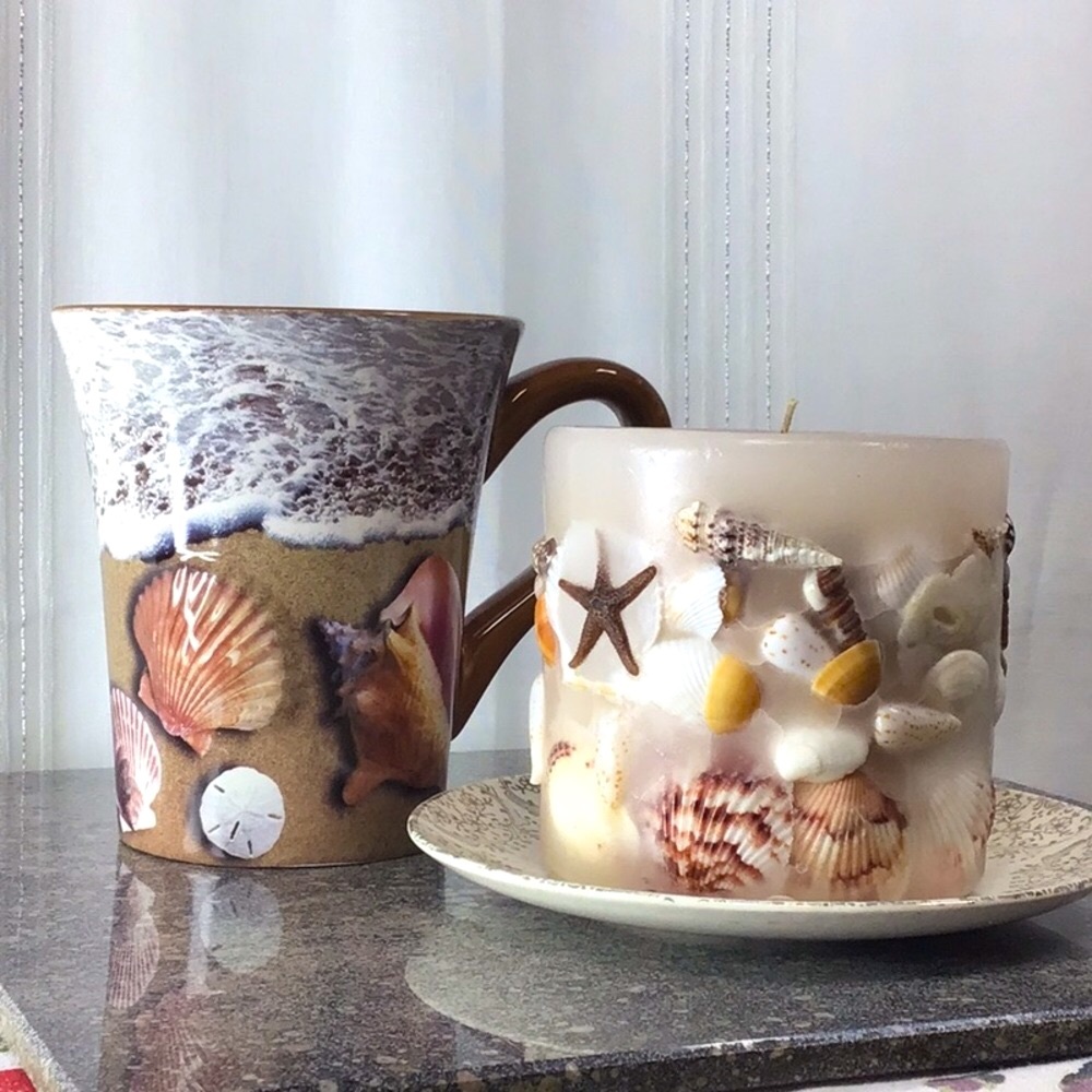 Vintage ☕️ Coastal Beach Decor Coffee Mug and Handcrafted Seashell Candle